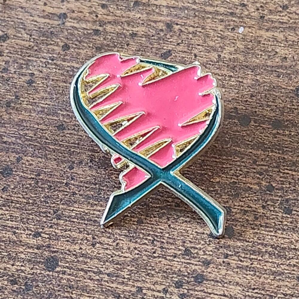 Pink Heart Teal Blue Green Ribbon Enamel Lapel Brooch Pin Gold Tone Clutch Back